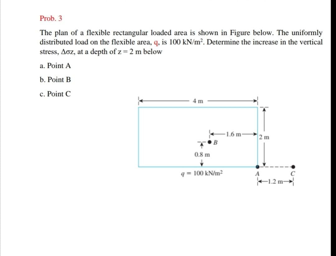 Prob. 3
The plan of a flexible rectangular loaded area is shown in Figure below. The uniformly
distributed load on the flexible area, q, is 100 kN/m². Determine the increase in the vertical
stress, Aoz, at a depth of z = 2 m below
a. Point A
b. Point B
c. Point C
4 m
1.6 m
2 m
0.8 m
q = 100 kN/m²
A
1.2 m-
