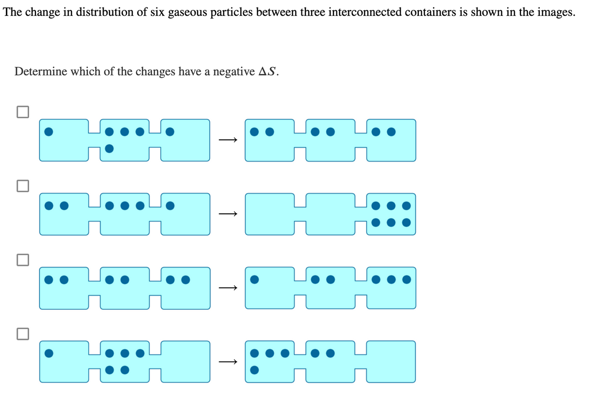The change in distribution of six gaseous particles between three interconnected containers is shown in the images.
Determine which of the changes have a negative AS.
↑
↑
↑
↑
