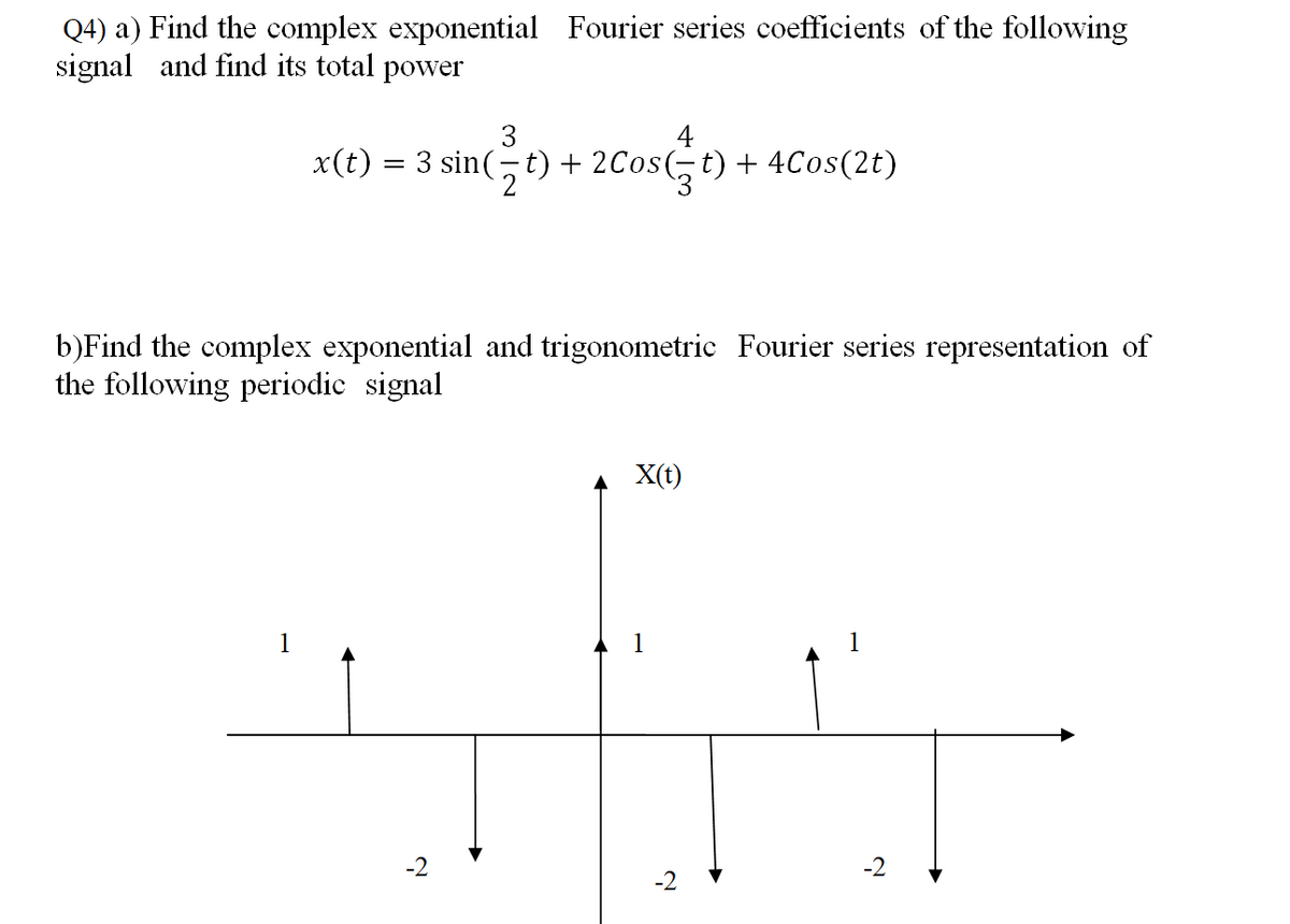 Q4) a) Find the complex exponential Fourier series coefficients of the following
signal and find its total power
3
= 3 sin(
4
x(t) :
5t) + 2Cos(t) + 4Cos(2t)
b)Find the complex exponential and trigonometric Fourier series representation of
the following periodic signal
4 X(t)
1
-2
-2
-2
