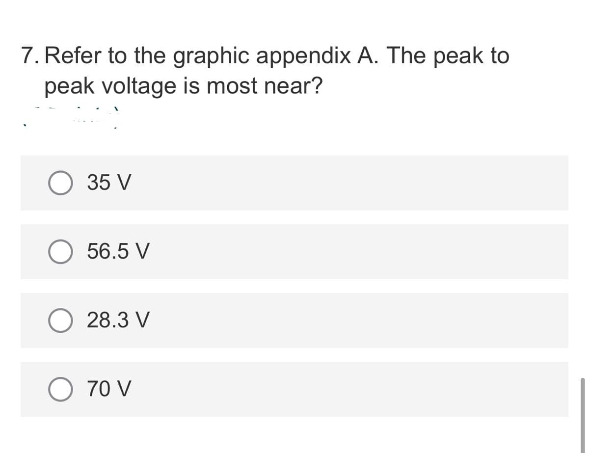 7. Refer to the graphic appendix A. The peak to
peak voltage is most near?
O 35 V
56.5 V
28.3 V
70 V
