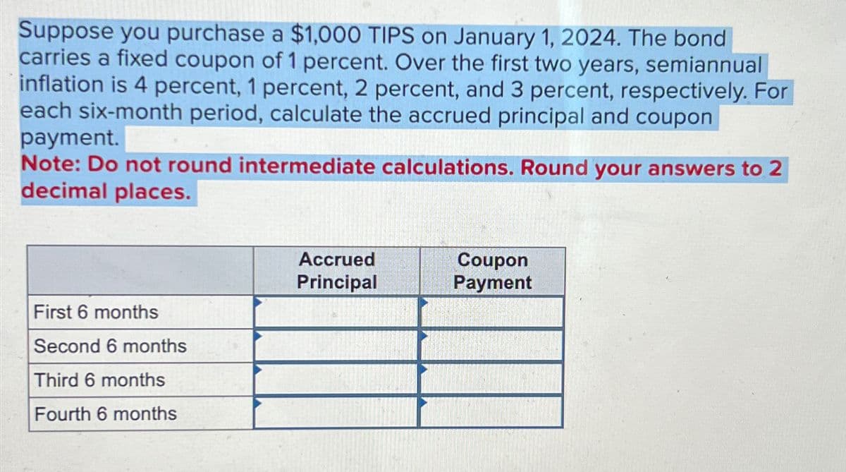 Suppose you purchase a $1,000 TIPS on January 1, 2024. The bond
carries a fixed coupon of 1 percent. Over the first two years, semiannual
inflation is 4 percent, 1 percent, 2 percent, and 3 percent, respectively. For
each six-month period, calculate the accrued principal and coupon
payment.
Note: Do not round intermediate calculations. Round your answers to 2
decimal places.
First 6 months
Second 6 months
Third 6 months
Fourth 6 months
Accrued
Coupon
Principal
Payment