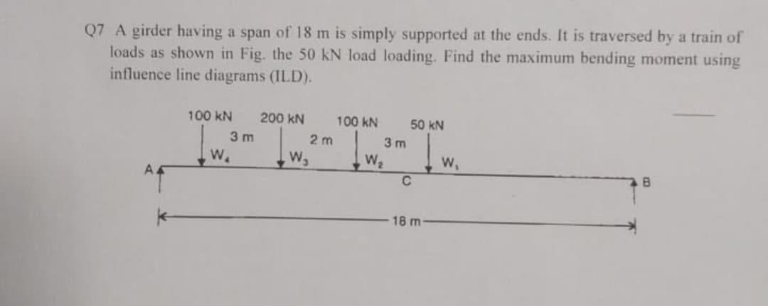 Q7 A girder having a span of 18 m is simply supported at the ends. It is traversed by a train of
loads as shown in Fig. the 50 kN load loading. Find the maximum bending moment using
influence line diagrams (ILD).
100 kN
200 kN
100 kN
50 KN
W₁
B
3 m
2m
W₂
3m
W₂
C
18 m
W₁