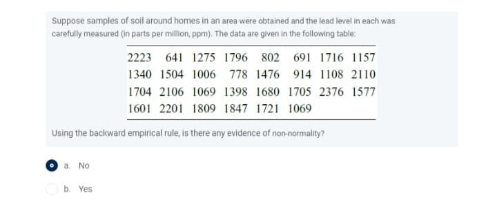 Suppose samples of soil around homes in an area were obtained and the lead level in each was
carefully measured (in parts per million, ppm). The data are given in the following table:
2223 641 1275 1796
802 691 1716 1157
1340 1504 1006 778 1476 914 1108 2110
1704 2106 1069 1398 1680 1705 2376 1577
1601 2201 1809 1847 1721 1069
Using the backward empirical rule, is there any evidence of non-normality?
a. No
b. Yes
