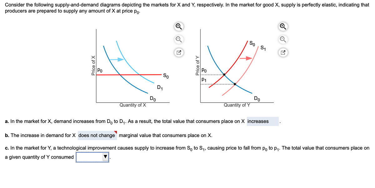 Consider the following supply-and-demand diagrams depicting the markets for X and Y, respectively. In the market for good X, supply is perfectly elastic, indicating that
producers are prepared to supply any amount of X at price po-
So
Po
So
P1
D1
Do
Quantity of Y
Do
Quantity of X
a. In the market for X, demand increases from Do to D,. As a result, the total value that consumers place on X increases
b. The increase in demand for X does not change marginal value that consumers place on X.
c. In the market for Y, a technological improvement causes supply to increase from So to S4, causing price to fall from p, to p,. The total value that consumers place on
a given quantity of Y consumed
Price of X
Price of Y
