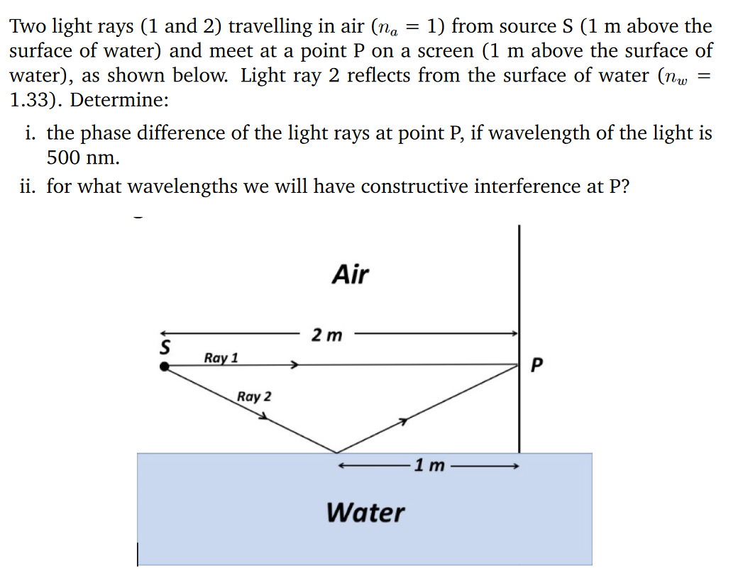 =
Two light rays (1 and 2) travelling in air (na : 1) from source S (1 m above the
surface of water) and meet at a point P on a screen (1 m above the surface of
water), as shown below. Light ray 2 reflects from the surface of water (nw
1.33). Determine:
=
i. the phase difference of the light rays at point P, if wavelength of the light is
500 nm.
ii. for what wavelengths we will have constructive interference at P?
S
Ray 1
Ray 2
Air
2 m
Water
1 m