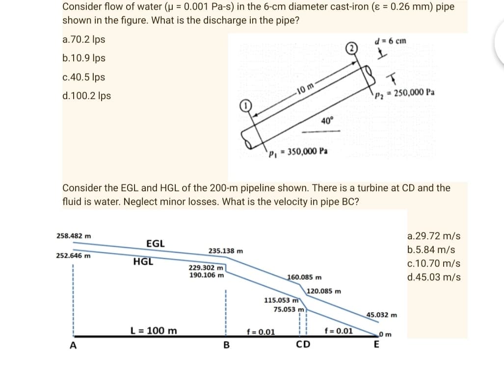Consider flow of water (μ = 0.001 Pa-s) in the 6-cm diameter cast-iron (ε = 0.26 mm) pipe
shown in the figure. What is the discharge in the pipe?
a.70.2 lps
d = 6 cm
b.10.9 lps
ㅗ
c.40.5 lps
F
d.100.2 lps
10 m
P₁ = 250,000 Pa
P₁ = 350,000 Pa
Consider the EGL and HGL of the 200-m pipeline shown. There is a turbine at CD and the
fluid is water. Neglect minor losses. What is the velocity in pipe BC?
258.482 m
EGL
252.646 m
235.138 m
a.29.72 m/s
b.5.84 m/s
c.10.70 m/s
160.085 m
d.45.03 m/s
A
HGL
L = 100 m
229.302 m
190.106 m
B
115.053 m
75.053 m
f = 0.01
40°
120.085 m
CD
f = 0.01
45.032 m
0 m
E