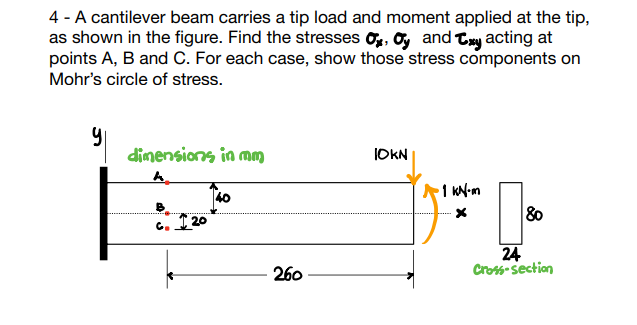 4 - A cantilever beam carries a tip load and moment applied at the tip,
as shown in the figure. Find the stresses , y and Txy acting at
points A, B and C. For each case, show those stress components on
Mohr's circle of stress.
dimensions in mm
h
I 20
260
IOKN
1 KN.m
80
24
Cross-section