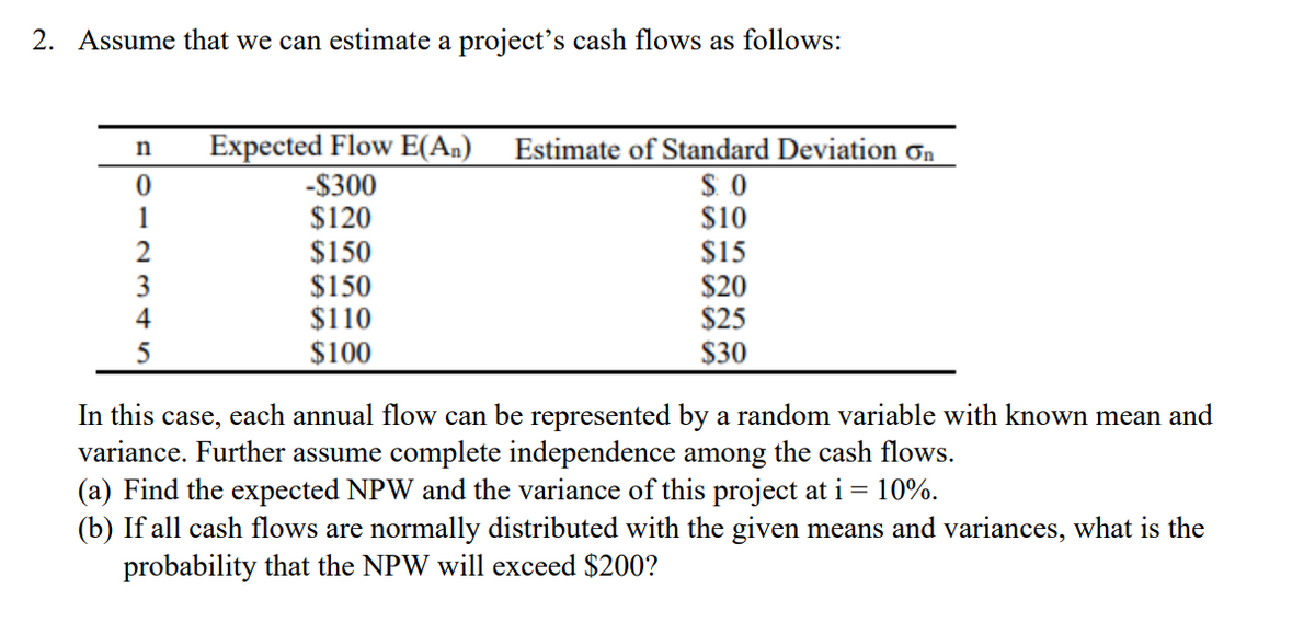 2. Assume that we can estimate a project's cash flows as follows:
n
0
1
2
3
4
5
Expected Flow E(An) Estimate of Standard Deviation on
$0
$10
$15
$20
$25
$30
-$300
$120
$150
$150
$110
$100
In this case, each annual flow can be represented by a random variable with known mean and
variance. Further assume complete independence among the cash flows.
(a) Find the expected NPW and the variance of this project at i = 10%.
(b) If all cash flows are normally distributed with the given means and variances, what is the
probability that the NPW will exceed $200?