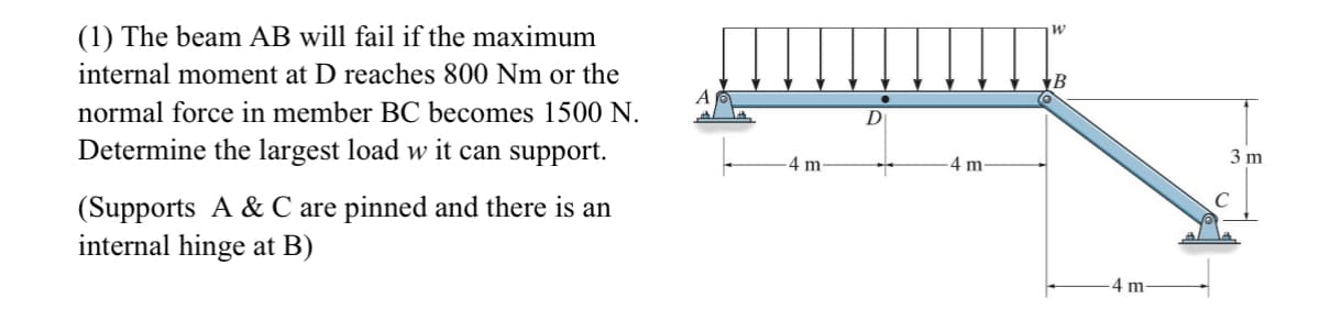 (1) The beam AB will fail if the maximum
internal moment at D reaches 800 Nm or the
normal force in member BC becomes 1500 N.
Determine the largest load w it can support.
(Supports A & C are pinned and there is an
internal hinge at B)
4 m
D
4 m
W
B
-4 m-
3 m
C