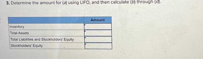 3. Determine the amount for (a) using LIFO, and then calculate (b) through (d).
Inventory
Total Assets
Total Liabilities and Stockholders' Equity
Stockholders' Equity
Amount