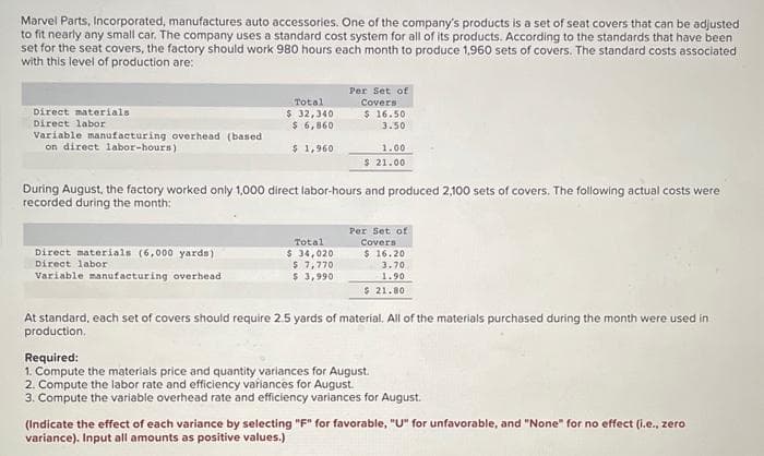 Marvel Parts, Incorporated, manufactures auto accessories. One of the company's products is a set of seat covers that can be adjusted
to fit nearly any small car. The company uses a standard cost system for all of its products. According to the standards that have been
set for the seat covers, the factory should work 980 hours each month to produce 1,960 sets of covers. The standard costs associated
with this level of production are:
Direct materials
Direct labor
Variable manufacturing overhead (based
on direct labor-hours)
Total
$ 32,340
$ 6,860
$ 1,960
Direct materials (6,000 yards)
Direct labor
Variable manufacturing overhead
Per Set of
Covers
$16.50
3.50
During August, the factory worked only 1,000 direct labor-hours and produced 2,100 sets of covers. The following actual costs were
recorded during the month:
Total
$ 34,020
$ 7,770
$ 3,990
1.00
$ 21.00
Per Set of
Covers
$16.20
3.70
1.90
$ 21.80
At standard, each set of covers should require 2.5 yards of material. All of the materials purchased during the month were used in
production.
Required:
1. Compute the materials price and quantity variances for August.
2. Compute the labor rate and efficiency vařiances for August.
3. Compute the variable overhead rate and efficiency variances for August.
(Indicate the effect of each variance by selecting "F" for favorable, "U" for unfavorable, and "None" for no effect (i.e., zero
variance). Input all amounts as positive values.)