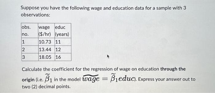 Suppose you have the following wage and education data for a sample with 3
observations:
obs.
no.
1
2
3
wage educ
($/hr) (years)
10.73 11
13.44 12
18.05 16
Calculate the coefficient for the regression of wage on education through the
origin (i.e. ₁ in the model wage = B₁ educ). Express your answer out to
B1
two (2) decimal points.