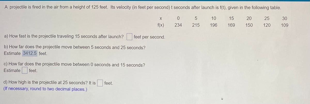 A projectile is fired in the air from a height of 125 feet. Its velocity (in feet per second) t seconds after launch is f(t), given in the following table.
5
15
215
169
a) How fast is the projectile traveling 15 seconds after launch?
b) How far does the projectile move between 5 seconds and 25 seconds.?
Estimate 3412.5 feet.
c) How far does the projectile move between 0 seconds and 15 seconds?
Estimate feet.
d) How high is the projectile at 25 seconds? It is
(If necessary, round to two decimal places.)
feet.
X
f(x)
feet per second.
0
234
10
196
20
150
25
30
120 109