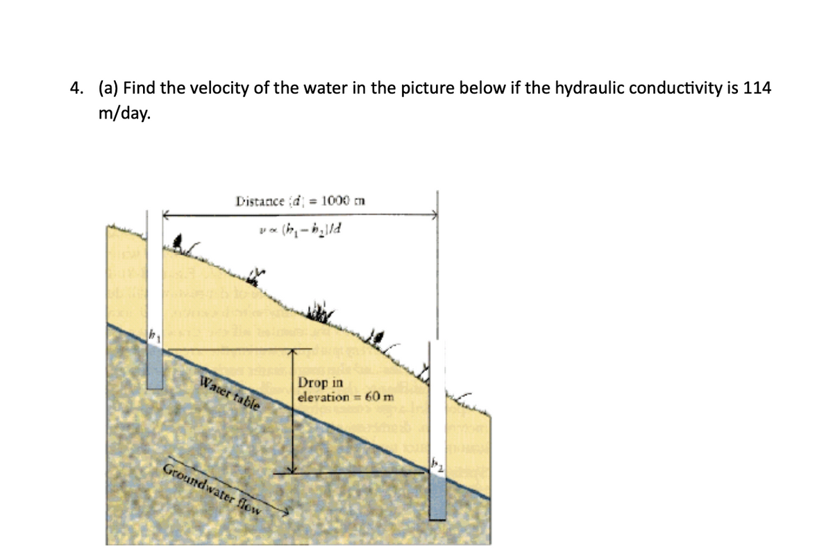 4. (a) Find the velocity of the water in the picture below if the hydraulic conductivity is 114
m/day.
Distance (d) = 1000 m
* (h₂-b₂lld
Water table
Groundwater flow
Drop in
elevation = 60 m