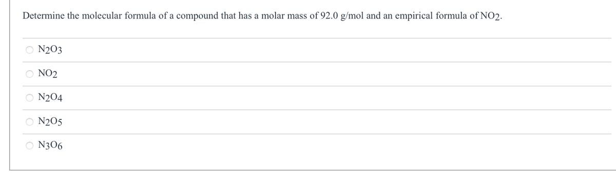Determine the molecular formula of a compound that has a molar mass of 92.0 g/mol and an empirical formula of NO2.
N203
NO2
O N204
N2O5
○ N306