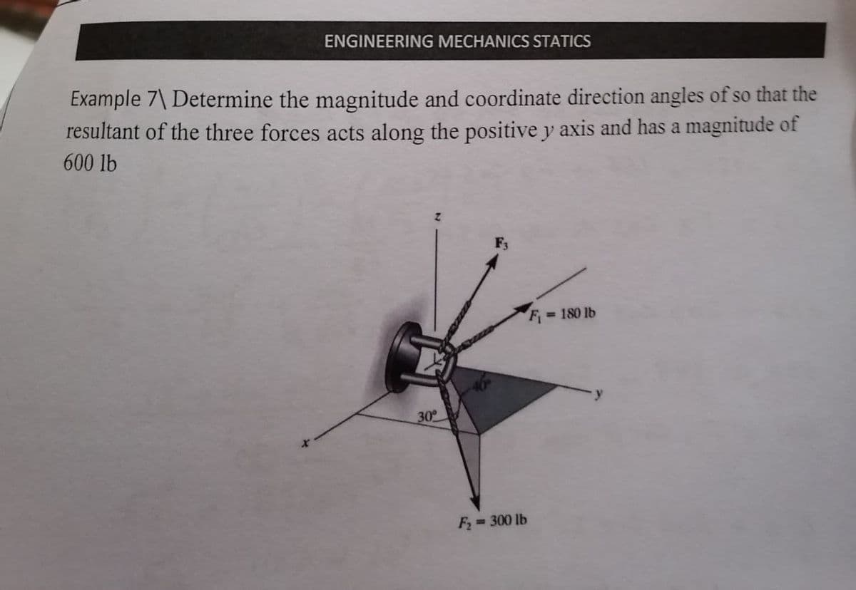 ENGINEERING MECHANICS STATICS
Example 7\ Determine the magnitude and coordinate direction angles of so that the
resultant of the three forces acts along the positive y axis and has a magnitude of
600 lb
F 180 lb
%3D
30
F 300 lb
