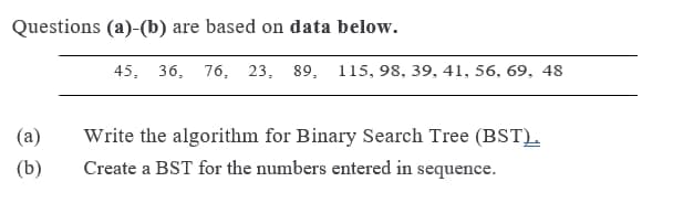 Questions (a)-(b) are based on data below.
45, 36, 76, 23, 89, 115, 98, 39, 41, 56, 69, 48
(a)
Write the algorithm for Binary Search Tree (BST).
(b)
Create a BST for the numbers entered in sequence.
