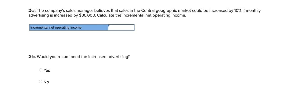 2-a. The company's sales manager believes that sales in the Central geographic market could be increased by 10% if monthly
advertising is increased by $30,000. Calculate the incremental net operating income.
Incremental net operating income
2-b. Would you recommend the increased advertising?
Yes
O No
