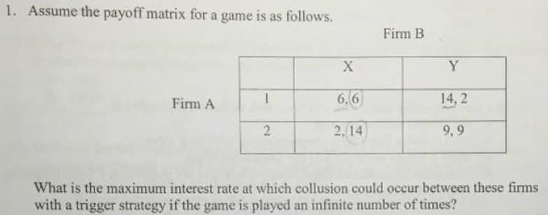 1. Assume the payoff matrix for a game is as follows.
Firm B
X
Y
Firm A
6,6
14,2
2
2, 14
9,9
What is the maximum interest rate at which collusion could occur between these firms
with a trigger strategy if the game is played an infinite number of times?