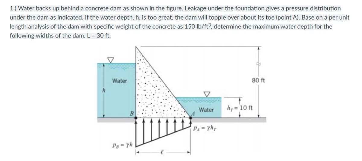 1.) Water backs up behind a concrete dam as shown in the figure. Leakage under the foundation gives a pressure distribution
under the dam as indicated. If the water depth, h, is too great, the dam will topple over about its toe (point A). Base on a per unit
length analysis of the dam with specific weight of the concrete as 150 lb/ft³, determine the maximum water depth for the
following widths of the dam. L = 30 ft.
Water
80 ft
Water
h,= 10 ft
PA= yh
Pg=yh
