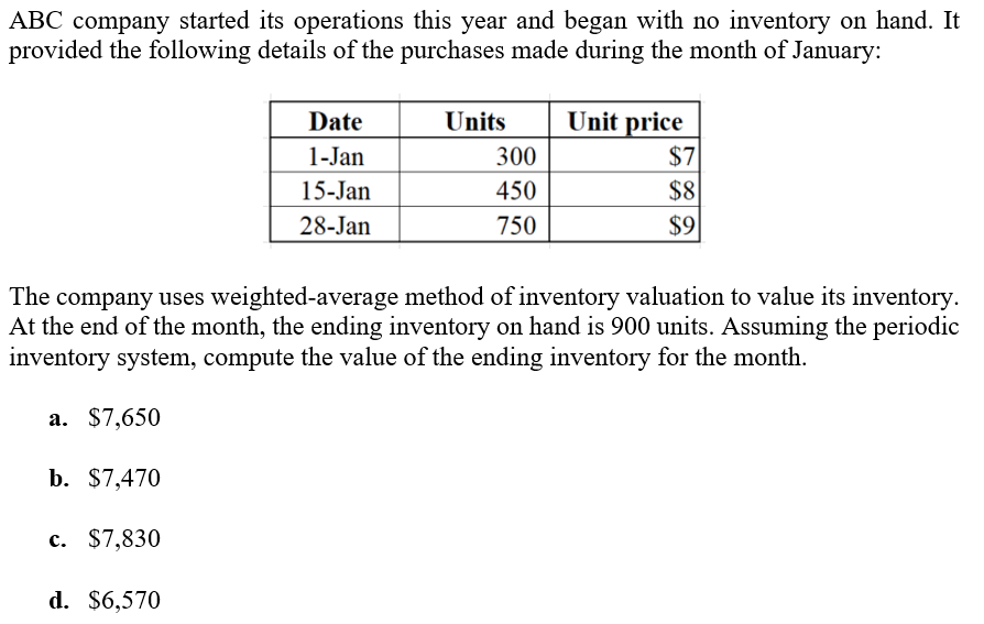ABC company started its operations this year and began with no inventory on hand. It
provided the following details of the purchases made during the month of January:
Date
Units
Unit price
1-Jan
300
$7
15-Jan
450
$8
28-Jan
750
$9
The company uses weighted-average method of inventory valuation to value its inventory.
At the end of the month, the ending inventory on hand is 900 units. Assuming the periodic
inventory system, compute the value of the ending inventory for the month.
a. $7,650
b. $7,470
c. $7,830
d. $6,570
