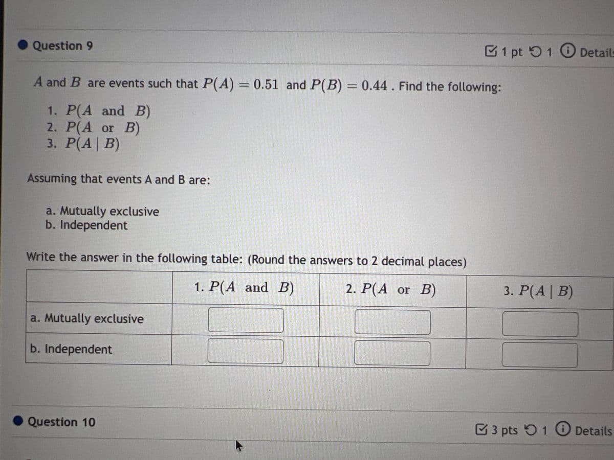 Question 9
A and B are events such that P(A) = 0.51 and P(B) = 0.44. Find the following:
1. P(A and B)
2. P(A or B)
3. P(A|B)
Assuming that events A and B are:
a. Mutually exclusive
b. Independent
Write the answer in the following table: (Round the answers to 2 decimal places)
1 pt 1 Details
a. Mutually exclusive
b. Independent
Question 10
1. P(A and B)
2. P(A or B)
3. P(A|B)
3 pts 1 Details