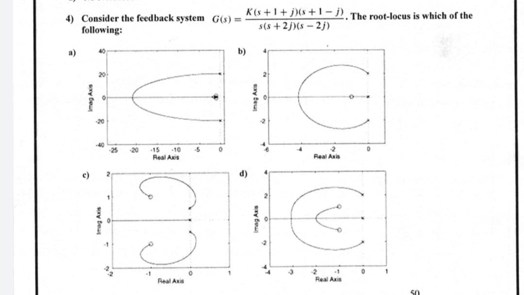 4) Consider the feedback system G(s) =
K(s+1+j)(s+1-j). The root-locus is which of the
s(s+2j)(s2j)
following:
40
a)
b)
4
20
2
-10 -5
0
Real Axis
Ĉ
-2
-1
Real Axis
Imag Axis
c)
0
-20
-40
Imag Axis
-25
-1
-2
-20
-15
Real Axis
Real Axis
0
0
Imag Axis
Imag Axis
2
0
1
50