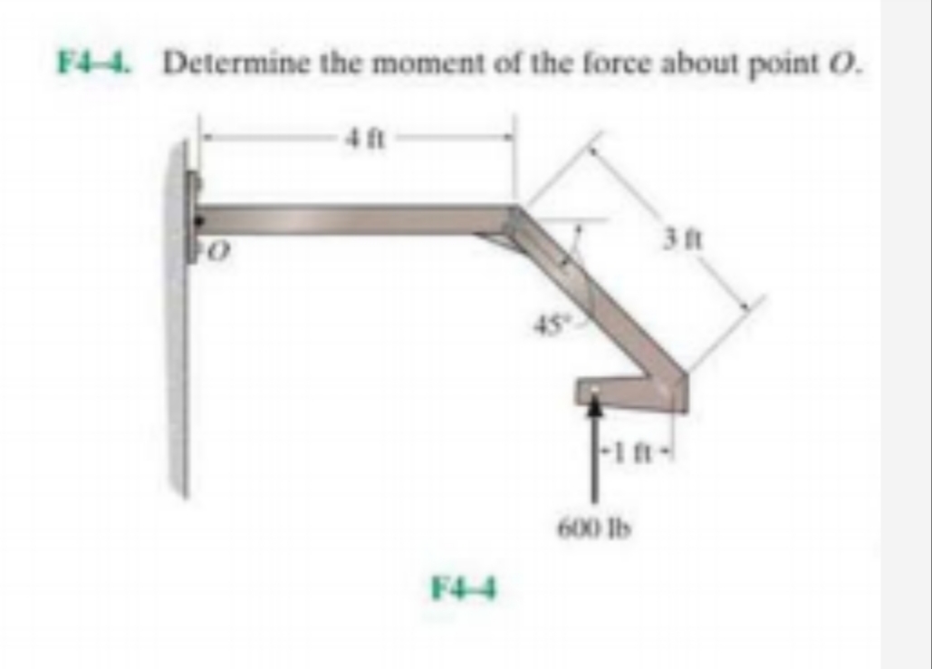 F44. Determine the moment of the force about point O.
4 t
3 t
600 Ib
F44
