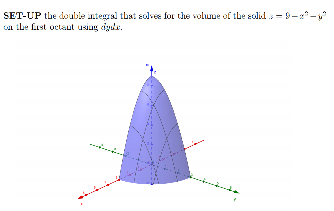 SET-UP the double integral that solves for the volume of the solid z = 9 – x2 – y?
on the first octant using dydx.
10
y
