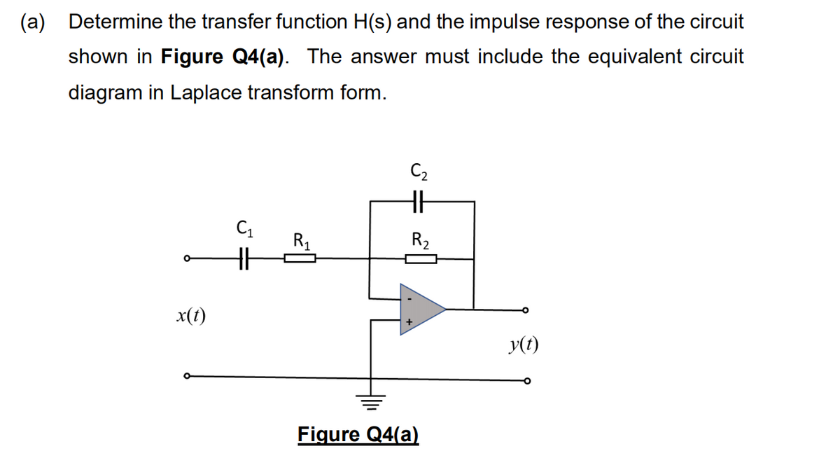(a) Determine the transfer function H(s) and the impulse response of the circuit
shown in Figure Q4(a). The answer must include the equivalent circuit
diagram in Laplace transform form.
C2
R1
R2
x(t)
y(t)
Figure Q4(a)
