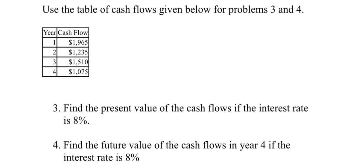 Use the table of cash flows given below for problems 3 and 4.
Year Cash Flow
1
$1,965
2
$1,235
3
$1,510
4
$1,075
3. Find the present value of the cash flows if the interest rate
is 8%.
4. Find the future value of the cash flows in year 4 if the
interest rate is 8%