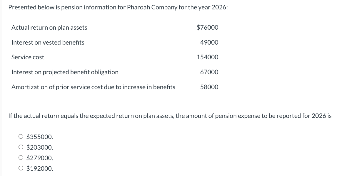 Presented below is pension information for Pharoah Company for the year 2026:
Actual return on plan assets
Interest on vested benefits
Service cost
Interest on projected benefit obligation
Amortization of prior service cost due to increase in benefits
$76000
O $355000.
O $203000.
O $279000.
O $192000.
49000
154000
67000
58000
If the actual return equals the expected return on plan assets, the amount of pension expense to be reported for 2026 is