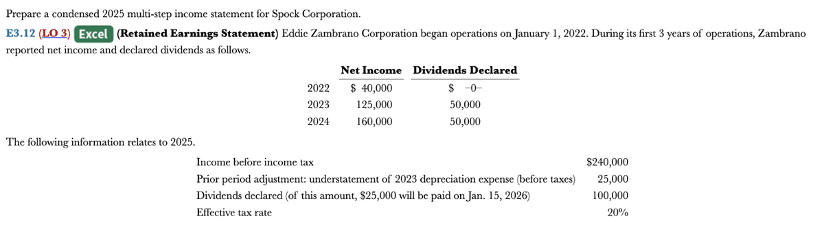 Prepare a condensed 2025 multi-step income statement for Spock Corporation.
E3.12 (LO 3) Excel (Retained Earnings Statement) Eddie Zambrano Corporation began operations on January 1, 2022. During its first 3 years of operations, Zambrano
reported net income and declared dividends as follows.
The following information relates to 2025.
2022
2023
2024
Net Income Dividends Declared
$ 40,000
125,000
160,000
$-0-
50,000
50,000
Income before income tax
Prior period adjustment: understatement of 2023 depreciation expense (before taxes)
Dividends declared (of this amount, $25,000 will be paid on Jan. 15, 2026)
Effective tax rate
$240,000
25,000
100,000
20%