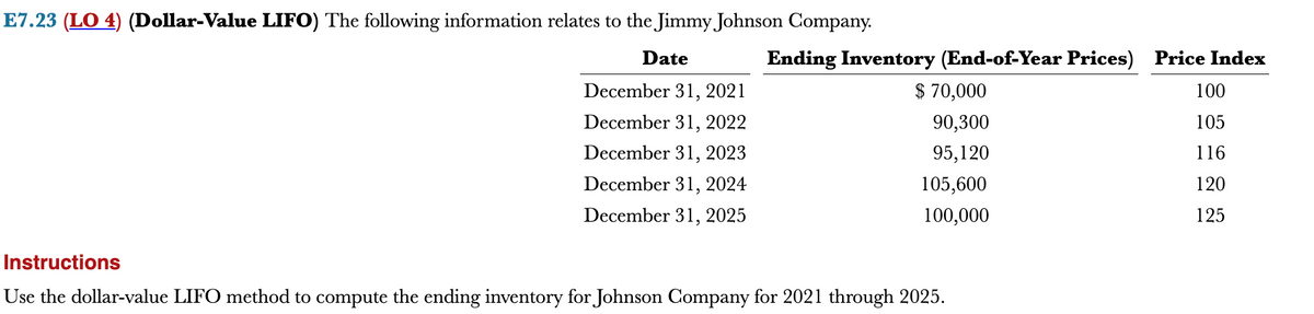 E7.23 (LO 4) (Dollar-Value LIFO) The following information relates to the Jimmy Johnson Company.
Date
December 31, 2021
December 31, 2022
December 31, 2023
December 31, 2024
December 31, 2025
Ending Inventory (End-of-Year Prices) Price Index
100
105
116
120
125
70,000
90,300
95,120
105,600
100,000
Instructions
Use the dollar-value LIFO method to compute the ending inventory for Johnson Company for 2021 through 2025.