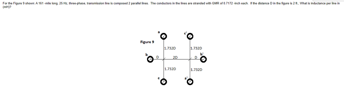 For the Figure 9 shown: A 161 -mile long, 25 Hz, three-phase, transmission line is composed 2 parallel lines. The conductors in the lines are stranded with GMR of 0.7172-inch each. If the distance D in the figure is 2 ft., What is inductance per line in
(mH)?
Figure 9
b
.0
D
1.732D
2D
1.732D
1.732D
D
b'
1.732D