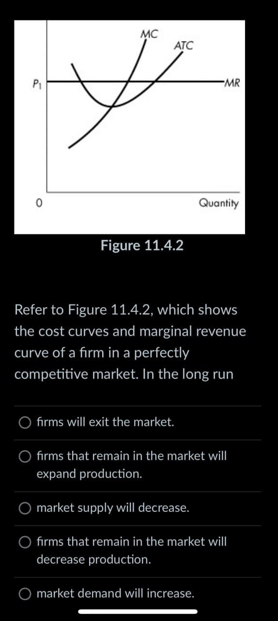 0
MC
ATC
Figure 11.4.2
MR
Quantity
Refer to Figure 11.4.2, which shows
the cost curves and marginal revenue
curve of a firm in a perfectly
competitive market. In the long run
firms will exit the market.
O firms that remain in the market will
expand production.
market supply will decrease.
firms that remain in the market will
decrease production.
market demand will increase.