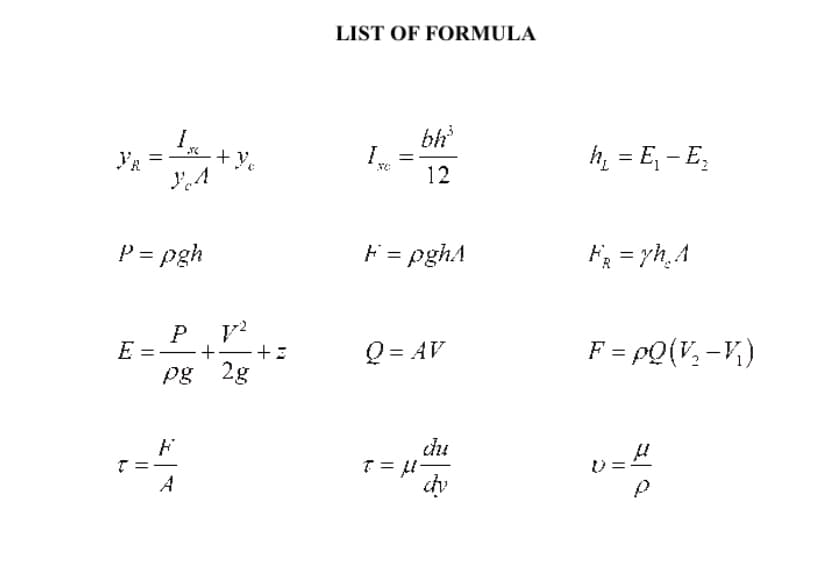 LIST OF FORMULA
bh
I.
Vg =*- + y.
h̟ = E, – E,
12
P = pgh
= pghA
F = yh,A
P
E =
+-+:
Q = AV
F = pQ(V, -V)
pg 2g
du
T = l-
A
||
