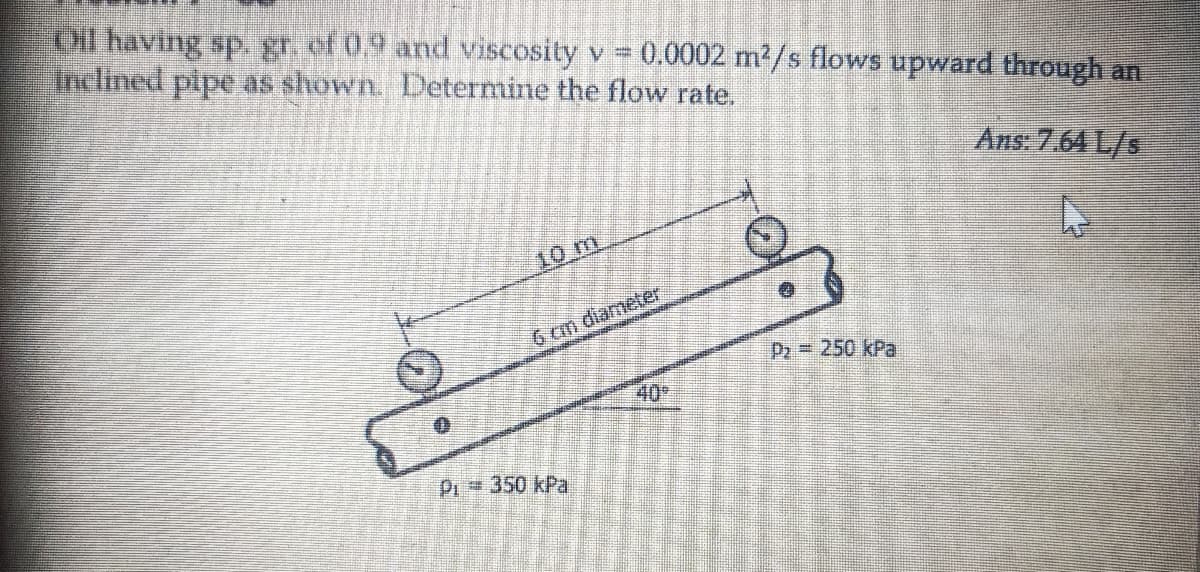 Oil having sp. gr. of 0.9 and viscosity v 0.0002 m2/s flows upward through an
inclined pipe as shown. Determine the flow rate.
Ans. 7.64 L/s
6 cm diameter
P2 250 kPa
40
Pi 350 kPa
