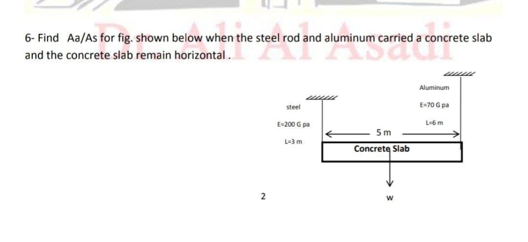 6- Find Aa/As for fig. shown below when the steel rod and aluminum carried a concrete slab
and the concrete slab remain horizontal.
Aluminum
steel
E=70 G pa
E=200 G pa
L=6 m
5 m
L=3 m
Concrete Slab
2
