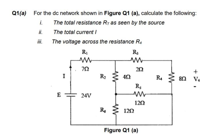 Q1(a)
For the dc network shown in Figure Q1 (a), calculate the following:
i.
The total resistance Rr as seen by the source
i.
The total current I
i.
The voltage across the resistance R4
R3
20
+
I
R:
R4
8Ω V.
R5
E
24V
120
Rs
12Ω
Figure Q1 (a)
