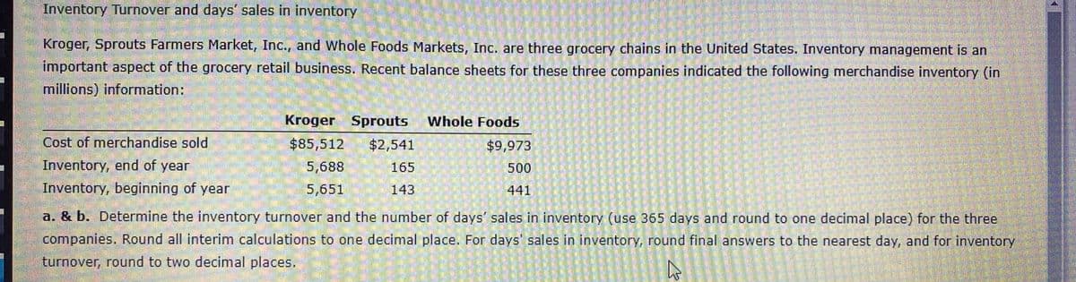 Inventory Turnover and days' sales in inventory
Kroger, Sprouts Farmers Market, Inc., and Whole Foods Markets, Inc. are three grocery chains in the United States. Inventory management is an
important aspect of the grocery retail business. Recent balance sheets for these three companies indicated the following merchandise inventory (in
millions) information:
Kroger Sprouts
Whole Foods
誰
Cost of merchandise sold
$85,512
$2,541
$9,973
Inventory, end of year
5,688
165
500
Inventory, beginning of year
5,651
143
441
a. & b. Determine the inventory turnover and the number of days' sales in inventory (use 365 days and round to one decimal place) for the three
companies. Round all interim calculations to one decimal place. For days' sales in inventory, round final answers to the nearest day, and for inventory
turnover, round to two decimal places.
