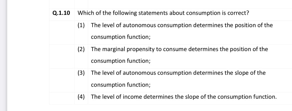 Q.1.10
Which of the following statements about consumption is correct?
(1) The level of autonomous consumption determines the position of the
consumption function;
(2)
The marginal propensity to consume determines the position of the
consumption function;
(3) The level of autonomous consumption determines the slope of the
consumption function;
(4) The level of income determines the slope of the consumption function.
