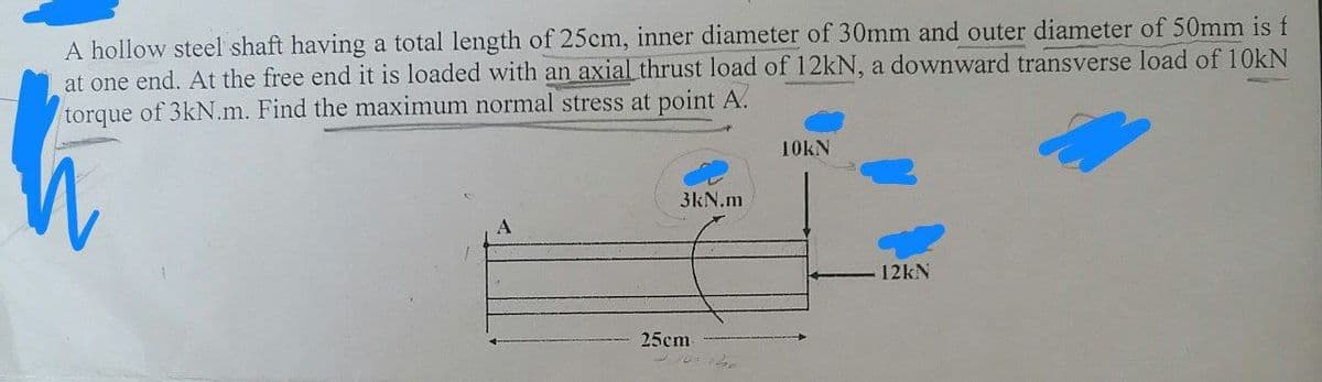 A hollow steel shaft having a total length of 25cm, inner diameter of 30mm and outer diameter of 50mm is f
at one end. At the free end it is loaded with an axial thrust load of 12kN, a downward transverse load of 10kN
torque of 3kN.m. Find the maximum normal stress at point A.
10kN
3kN.m
A
25cm
othe
12kN