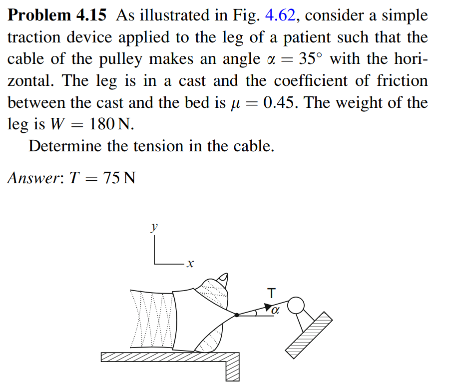 Problem 4.15 As illustrated in Fig. 4.62, consider a simple
traction device applied to the leg of a patient such that the
cable of the pulley makes an angle a = 35° with the hori-
zontal. The leg is in a cast and the coefficient of friction
between the cast and the bed is µ = 0.45. The weight of the
leg is W = 180 N.
Determine the tension in the cable.
Answer: T = 75 N
y
