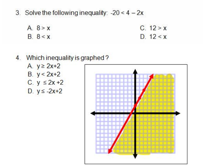 3. Solve the following inequality: -20 < 4 - 2x
A. 8> x
C. 12 > x
B. 8<x
D. 12 < x
4. Which inequality is graphed ?
A. y> 2x+2
B. y< 2x+2
C. y s2x +2
D. ys -2x+2
