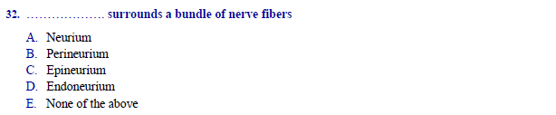 surrounds a bundle of nerve fibers
A. Neurium
B. Perineurium
C. Epineurium
D. Endoneurium
E. None of the above
