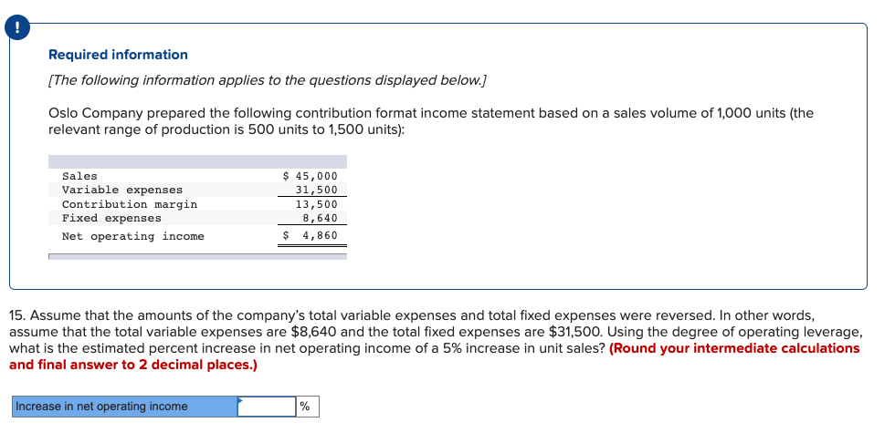 Required information
[The following information applies to the questions displayed below.]
Oslo Company prepared the following contribution format income statement based on a sales volume of 1,000 units (the
relevant range of production is 500 units to 1,500 units):
Sales
$ 45,000
Variable expenses
Contribution margin
Fixed expenses
31,500
13,500
8,640
Net operating income
$ 4,860
15. Assume that the amounts of the company's total variable expenses and total fixed expenses were reversed. In other words,
assume that the total variable expenses are $8,640 and the total fixed expenses are $31,500. Using the degree of operating leverage,
what is the estimated percent increase in net operating income
and final answer to 2 decimal places.)
a 5% increase in unit sales? (Round your intermediate calculations
Increase in net operating income
