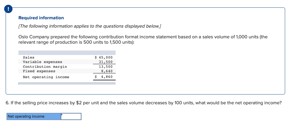 !
Required information
[The following information applies to the questions displayed below.]
Oslo Company prepared the following contribution format income statement based on a sales volume of 1,000 units (the
relevant range of production is 500 units to 1,500 units):
$ 45,000
31,500
Sales
Variable expenses
Contribution margin
Fixed expenses
13,500
8,640
Net operating income
$ 4,860
6. If the selling price increases by $2 per unit and the sales volume decreases by 100 units, what would be the net operating income?
Net operating income
