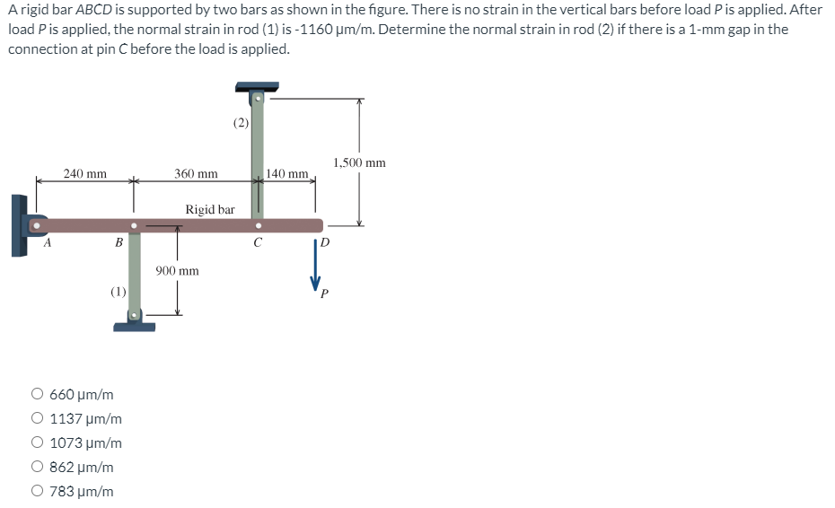 Arigid bar ABCD is supported by two bars as shown in the figure. There is no strain in the vertical bars before load Pis applied. After
load Pis applied, the normal strain in rod (1) is -1160 µm/m. Determine the normal strain in rod (2) if there is a 1-mm gap in the
connection at pin C before the load is applied.
(2)
1,500 mm
240 mm
360 mm
140 mm
Rigid bar
В
C
900 mm
(1)
O 660 µm/m
O 1137 µm/m
Ο 1073 μπ/m
862 μm/m
O 783 um/m
