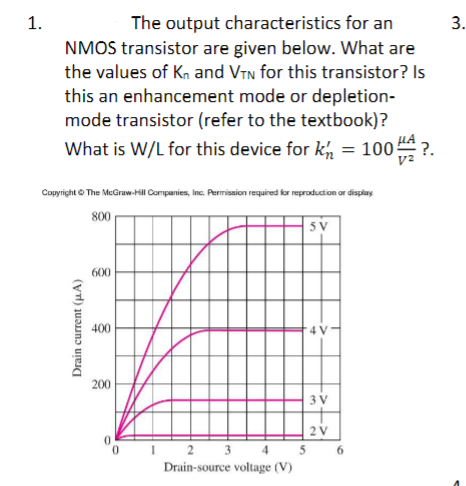 1.
The output characteristics for an
NMOS transistor are given below. What are
the values of Kn and VTN for this transistor? Is
this an enhancement mode or depletion-
mode transistor (refer to the textbook)?
What is W/L for this device for k = 100?.
Copyright © The McGraw-Hill Companies, Inc. Permission required for reproduction or display
800
Drain current (A)
600
400
200
1 2 3 4
Drain-source voltage (V)
5V
3 V
2V
5
9
3.